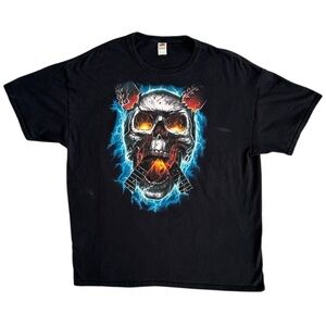 Fruit of the Loom Men's T-Shirt XL Black Flaming Skull Guitar Graphic
